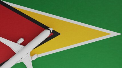 Top Down View of a Plane in the Corner on Top of the Country Flag of Guyana