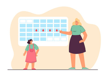 Period calendar vector illustration. Adult female character explaining to teenage girl about menstruation, pointing on calendar. Woman health concept for banner, application design or landing web page