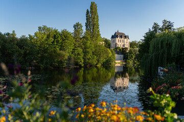 Castle Raoul with Yellow Flower and Reflection in Water in Chateauroux city, France - obrazy, fototapety, plakaty