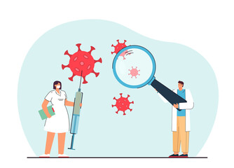 Coronavirus vaccine vector illustration. Male and female doctors researching injection. Woman holding syringe. Healthcare, vaccination concept for banner, website design or landing web page