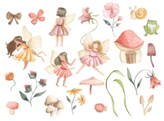 Fotobehang   Fairy and Flowers watercolor illustration for girls  © Bianca