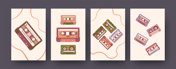 Set of contemporary art posters with super stereo tapes. Vector illustration. .Collection of stereo cassettes with different compositions. Music, audio, vintage, sound concept for social media design