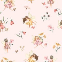 Fairy and Flowers watercolor seamless pattern illustration 