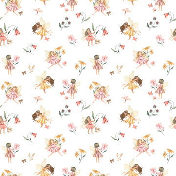  Fairy and Flowers watercolor pattern illustration 