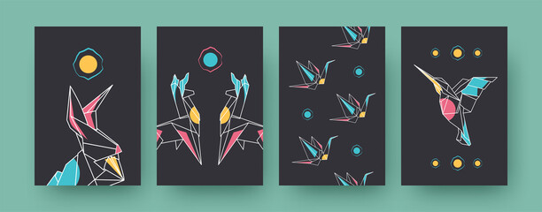 Set of contemporary art posters with llamas and cranes. Paper animals, hare, hummingbird pastel vector illustrations. Origami, hobby concept for designs, social media, postcards, invitation cards © SurfupVector