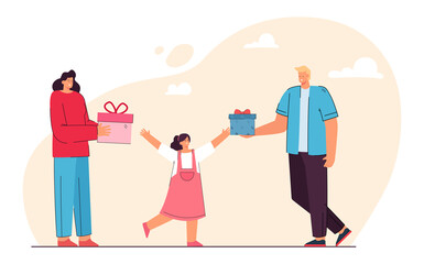 Parent giving presents to daughter. Mother and father offering colorful boxes to little girl. Child cheering. Gift, care, birthday concept for banner, website design or landing web page