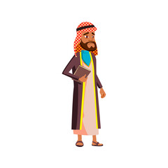 serious arabian man with book standing in bookstore line cartoon vector. serious arabian man with book standing in bookstore line character. isolated flat cartoon illustration