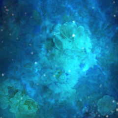 Fototapeta na wymiar Galactic flowers are blue. Delicate floral space.