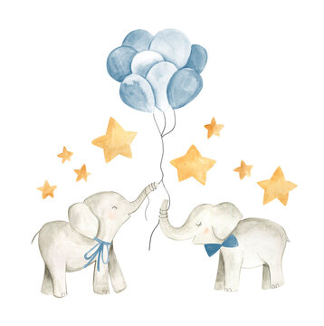 Baby elephant watercolor illustration nursery  for boys 