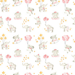 Obraz premium Baby elephant watercolor illustration nursery pattern for girls
