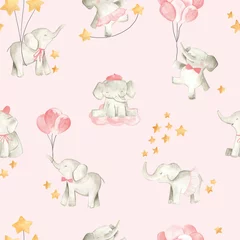 Vlies Fototapete Elefant Nahtloses Muster des Babyelefantenaquarellillustrations-Kinderzimmers für Mädchen