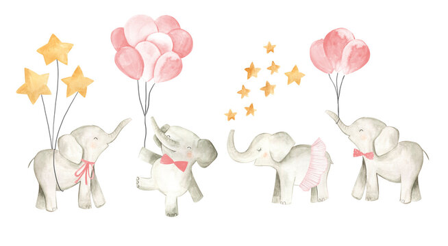 Baby elephant watercolor illustration nursery for girls