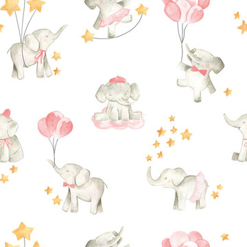 Baby elephant watercolor illustration nursery seamless  pattern for girls