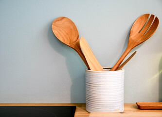 wood ladle and wood folk in the kitchen