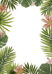 Hand drawn tropical frame and leaves of exotic plants. Tropical party invitation with palm leaves. Spring or summer flowers for invitation, wedding or greeting cards.