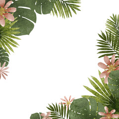 Hand drawn tropical frame and leaves of exotic plants. Tropical party invitation with palm leaves. Spring or summer flowers for invitation, wedding or greeting cards.