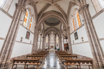 Interiors and details of the Cathedral of Angangueo, Michoacán, Mexico, you can see symmetry in...