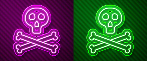 Glowing neon line Bones and skull as a sign of toxicity warning icon isolated on purple and green background. Vector