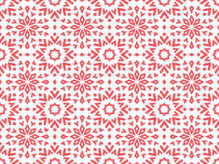 Abstract geometric pattern with lines, snowflakes. A seamless vector background. White and pink texture. Graphic modern pattern