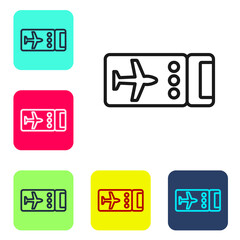 Black line Airline ticket icon isolated on white background. Plane ticket. Set icons in color square buttons. Vector