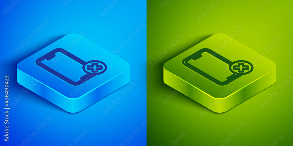 Poster isometric line no cell phone icon isolated on blue and green background. no talking and calling sign