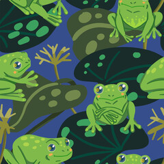 Cute frogs, water lily leaves, swamp plants. Abstract vector seamless pattern. Colored cartoon ornament with animals. Funny design for print, fabric, textile, background, wallpaper, wrap, card, decor.