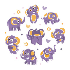 Fototapeta premium Cute Elephant Character with Trunk and Tusks Arranged in Circle Vector Template