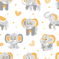 Cute Elephant Character with Trunk and Tusks on Vector Seamless Pattern