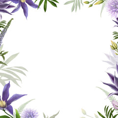 Bright floral сard template. Colorful invitation design with adorable flowers, bud and leaves. Background with floral elements. Botanical frame template.