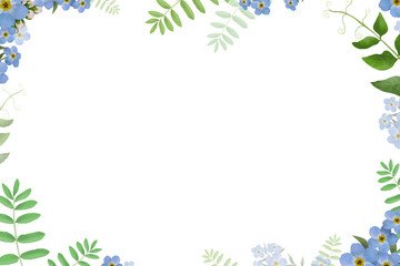 Cute floral сard template. Colorful invitation design with blue flowers and leaves. Background with floral elements. Botanical frame template.