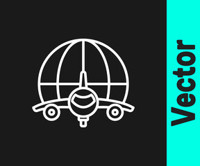 White line Globe with flying plane icon isolated on black background. Airplane fly around the planet earth. Aircraft world icon. Vector