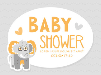 Baby Shower Card with Cute Elephant Character with Trunk and Tusks Vector Template
