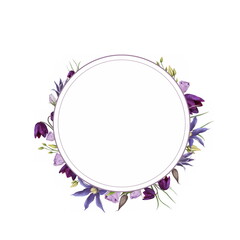 Romantic hand-drawn floral сard template with cute pink, white and purple summer flowers with green leaves on white background. Botanical frame.
