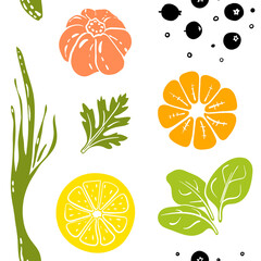 Seamless pattern with spring onion, garlic, lemon, mandarin, spinach, parsley, pepper. Colorful paper cut collection of fruits and vegetables isolated on white background. Doodle hand drawn vector