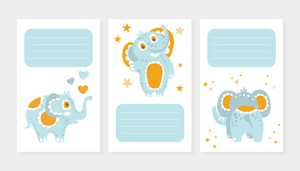 Lined Card with Cute Blue Elephant Character with Trunk and Tusks Vector Template