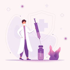 Doctor holding syringe with coronavirus vaccine for vaccination. Fight against COVID-19.
