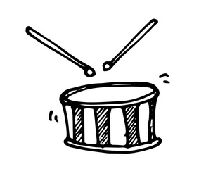 Vector drum with drumsticks. an isolated piece of drum music equipment with a striped pattern and drumsticks hand drawn in doodle style with a black line on a white background for a design template