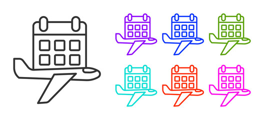 Black line Travel planning calendar and airplane icon isolated on white background. A planned holiday trip. Set icons colorful. Vector