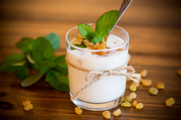 sweet homemade yogurt with raisins in a glass
