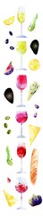 Watercolor abstract red and white wine bottles, glasses and snack illustration