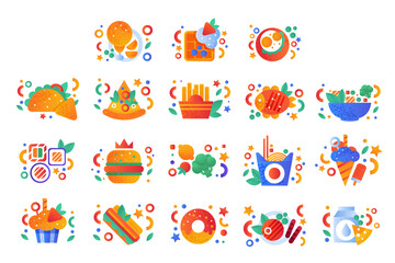 Fast Food Dishes Set, Drinks and Desserts Icons Collection Flat Vector Illustration