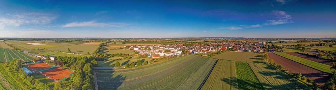 Drone image of the German, southern Hessian village Schneppenhausen near Darmstadt at sunset