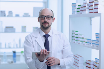 Pharmacist is working. Man wearing special medical uniform located in pharmacy.