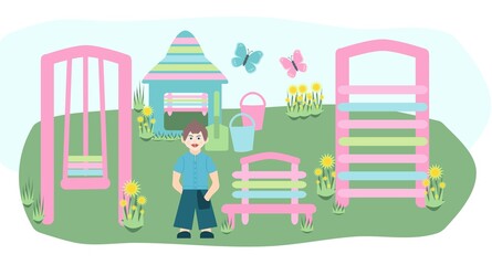 Naklejka premium Boy playing in the playground, color illustration with a swing, slide, houses, a bench for printing on children's things, on textiles and paper
