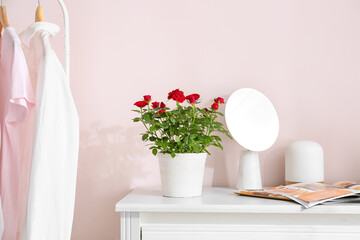 Beautiful red roses in pot with mirror and magazine on table near color wall