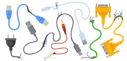 Broken USB cables and wires vector illustration set. Damaged electric circuits and connectors with plugs isolated on white background. Electricity, hardware concept