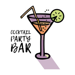 Vector illustration of a glass with a cocktail, bubbles and a slice of lemon, a straw. Icon for bar and club, website, party, cafe menu, bar menu, restaurant design, postcard, poster. Phrase Cocktail
