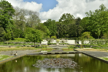 Fototapeta premium L'une des pièces d'eau entourée de décoration paysagère idyllique aux Jardins du Fleuriste à Laeken