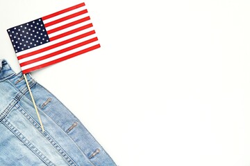 Happy fourth of July background mockup with USA flag and denim jacket on white background, space for text or product, Independence day concept.