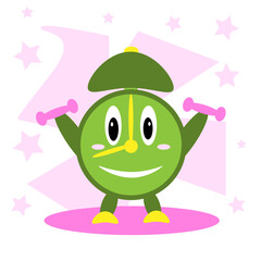 Funny clock alarm clock goes in for sports. The concept of a healthy lifestyle, time to exercise or losing weight. Vector illustration in flat style.